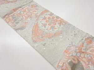 九百錦プラチナ箔ふくれ織扇に鏡裏・束ね熨斗・花々模様織出し袋帯